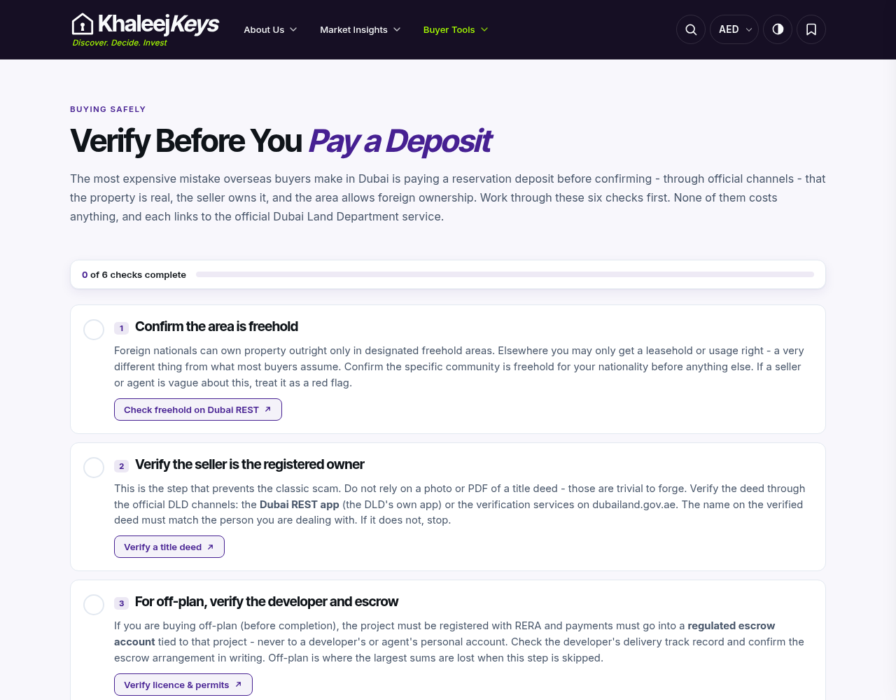 The KhaleejKeys verify-before-deposit checklist